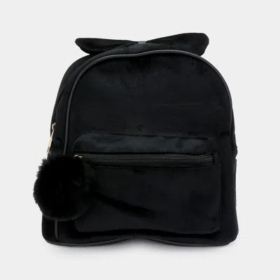Fashnzfab Bow Pointed Solid Faux Fur Pom Pom Backpack Bag In Black