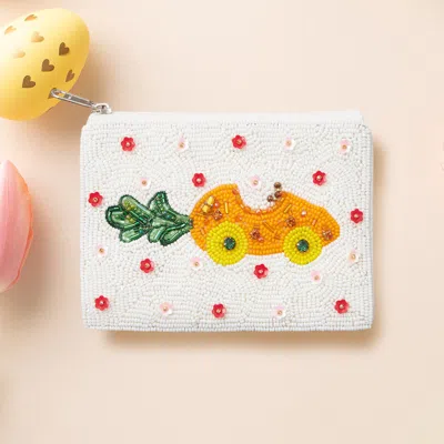 Fashnzfab Carrot Flower Sequin Seed Beaded Mini Pouch Bag In White