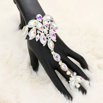 Fashnzfab Marquise Stone Cluster Pointed Hand Chain Evening Bracelet Ab, Silver In Metallic