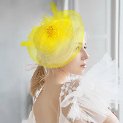 Fashnzfab Bow Flower Feather Mesh Fascinator / Headband In Yellow