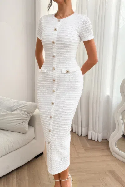 Truedames Solid Buckle Design Zipper Split Short Sleeve Dress In White