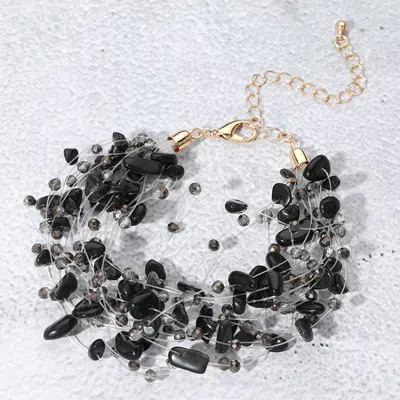 Fashnzfab Pebble Faceted Beads Transparent Thread Multi Layered Strand Bracelet Black, Gold In Black