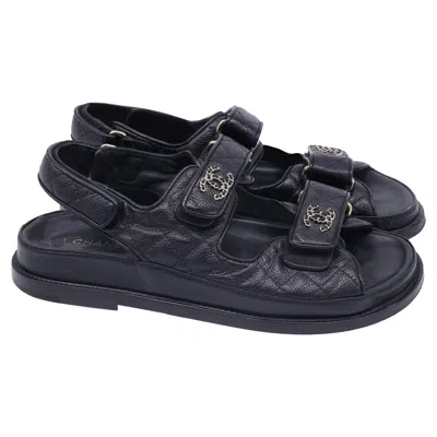 Pre-owned Chanel Cc Dad Quilted Sandals In Black Calf Leather