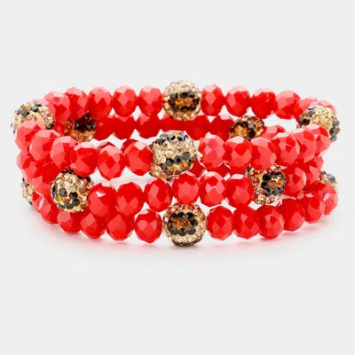 Fashnzfab 3pcs - Leopard Pattern Shamballa Ball Faceted Bead Stretch Bracelets In Red
