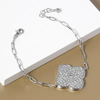 Fashnzfab White Gold Dipped Stone Paved Quatrefoil Charm Pointed Paperclip Chain Bracelet Clear, Rhodium In Metallic