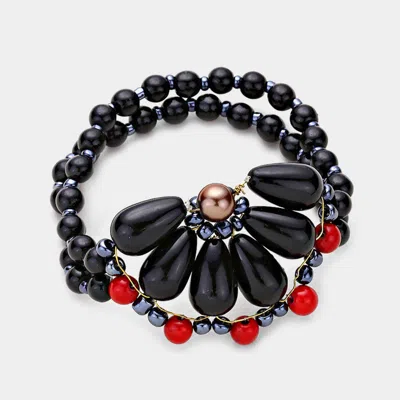 Fashnzfab Semi Precious Flower Stretch Bracelet Black In Black