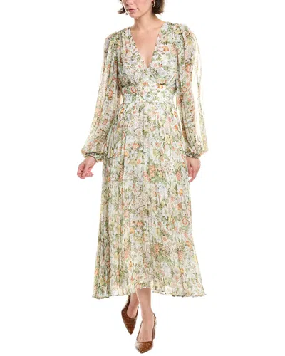 Rebecca Taylor Floral All Over On Viscose Chiffon Blouson Sleeve Midi Dress In Green