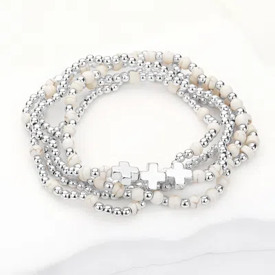 Fashnzfab 5pcs - Natural Stone Metal Cross Ball Beaded Stretch Multi Layered Bracelets Neutral, Rhodium In Silver