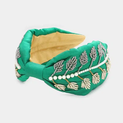 Fashnzfab Pearl Multi Beaded Leaf Cluster Headband In Green