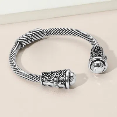 Fashnzfab Metal Ball Cross Embossed Tip Antique Metal Hinged Cuff Bracelet Antique Silver In Metallic