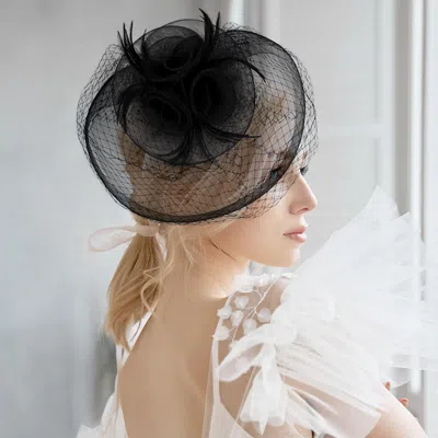 Fashnzfab 10" X 11" Feather Mesh Flower Fascinator / Headband In Black