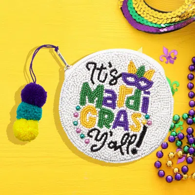 Fashnzfab Seed Beaded It's Mardi Gras Y'all! Message Circle Pom Pom Mini Pouch Bag In Multi