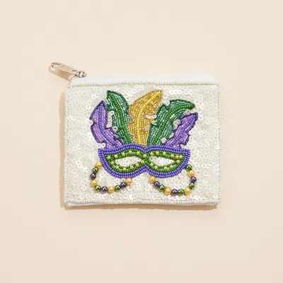 Fashnzfab Mardi Gras Mask Sequin Pearl Ball Seed Beaded Mini Pouch Bag In Multi