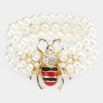 Fashnzfab 3rows Pearl Honey Bee Accented Stretch Bracelet Cream In White