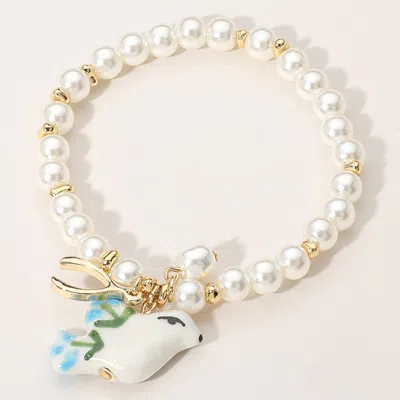 Fashnzfab Secret Box_ceramic Pigeon Metal Wishbone Pearl Beaded Stretch Bracelet Gold In Gold