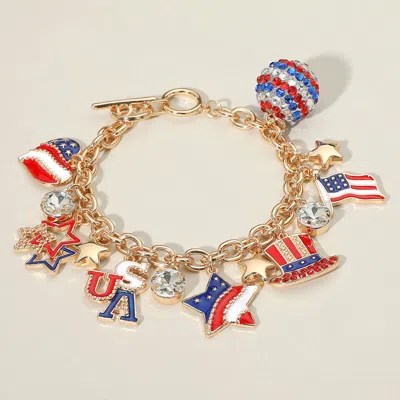 Fashnzfab Enamel Stone Paved American Usa Flag Message Shamballa Ball Charm Embellished Toggle Bracelet Gold,  In Multi
