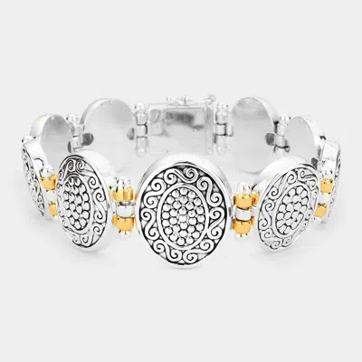 Fashnzfab Antique Patterned Metal Oval Bracelet Two Tone In Multi