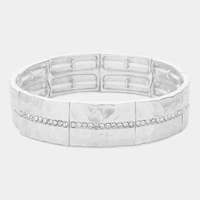 Fashnzfab Stone Paved Line Center Pointed Hammered Metal Stretch Bracelet Matte Silver In Silver