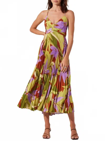 Astr Blythe Floral Plisse Midi Dress In Green Rust Floral In Multi