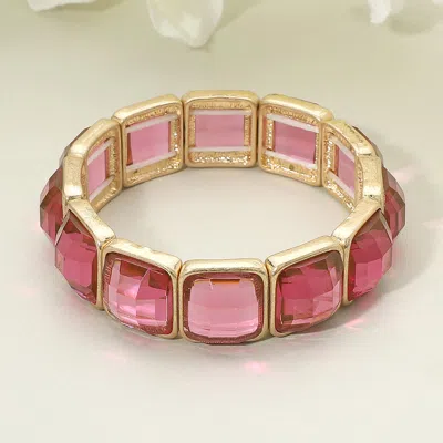 Fashnzfab Square Faceted Gemstone Frame Beaded Stretch Bracelet Fuchsia, Worn Gold In Multi
