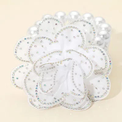 Fashnzfab Bling Studded Fabric Flower Statement Faux Pearl Beaded Stretch Bracelet Ab, White In Multi