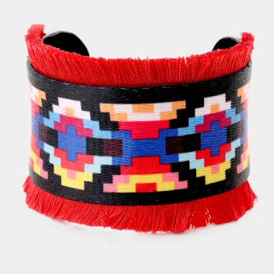 Fashnzfab Embroidery Boho Pattern Tassel Trim Cuff Bracelet Multi, Red In Multi