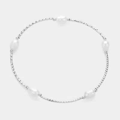 Fashnzfab Pearl Pointed Stretch Bracelet Cream, Rhodium In Multi