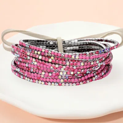 Fashnzfab 12pcs - Ribbon Colorful Rhinestone Layered Stretch Bracelets Ab, Hematite, Pink In Multi