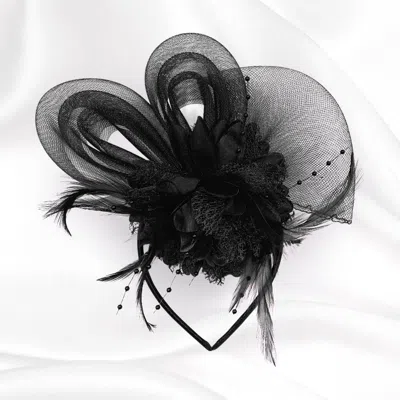 Fashnzfab Bow Flower Feather Mesh Fascinator / Headband In Black