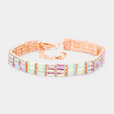 Fashnzfab 3rows Rectangle Stone Cluster Evening Bracelet Ab, Rose Gold In Multi