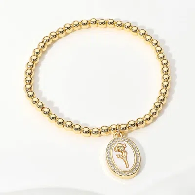 Fashnzfab Stainless Steel Stone Paved Tulip Flower Embossed Mother Of Pearl Oval Charm Beaded Stretch Bracelet In Multi