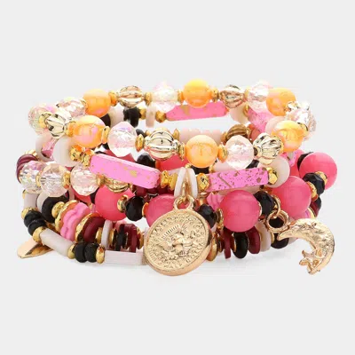 Fashnzfab 7pcs - Metal Crescent Charm Pointed Various Beads Beaded Stretch Multi Layered Bracelets In Pink