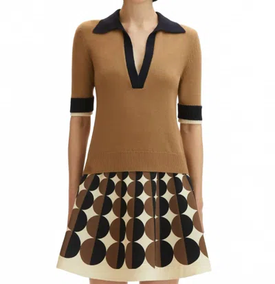 Oscar De La Renta Short Sleeve Color Block Pullover In Walnut/navy/ivory In Brown