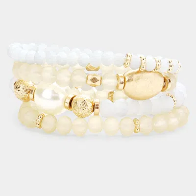Fashnzfab 4pcs - Pearl Accented Faceted Beaded Stretch Bracelets In White