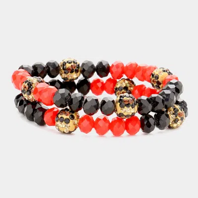 Fashnzfab 2pcs - Shamballa Ball Faceted Beaded Stretch Bracelets In Red