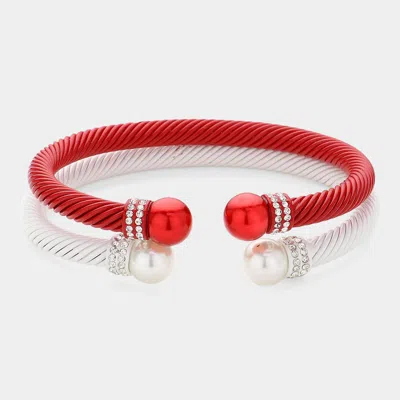Fashnzfab 2pcs - Stone Paved Pearl Pointed Tip Double Cuff Bracelets Red, Red & White, White In Multi