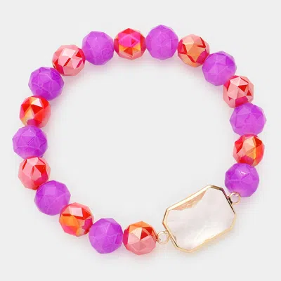 Fashnzfab Lucite Accented Faceted Beaded Stretch Bracelet Lucite, Orange, Purple In Multi