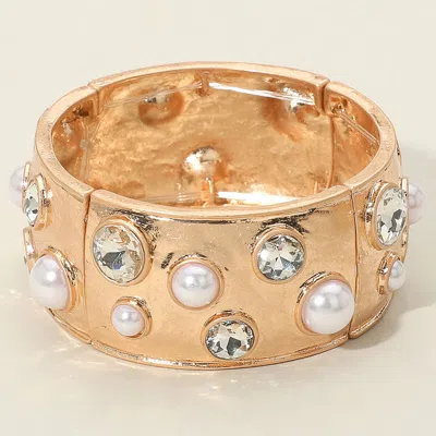Fashnzfab Gemstone Studded Wide Bangle Statement Stretch Bracelet Clear, Cream, Gold In Multi
