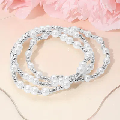 Fashnzfab 3pcs - Pearl Metal Ball Beaded Stretch Multi Layered Bracelets Silver, White In Multi