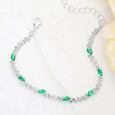 Fashnzfab Marquise Emerald Cz Stone Cluster Link Evening Bracelet Clear, Emerald, Silver In Multi
