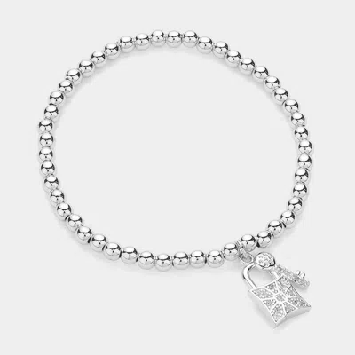Fashnzfab Stainless Steel Stone Paved Key And Lock Charm Stretch Ball Bracelet Silver In Silver