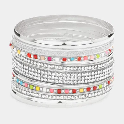 Fashnzfab 12pcs - Stackable Stone Embellished Metal Bangle Bracelets In Multi