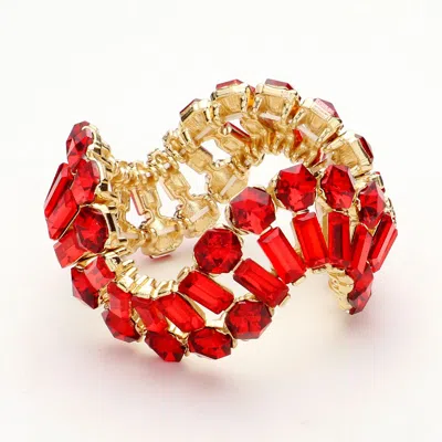 Fashnzfab Round Emerald Cut Stone Cluster Wavy Stretch Evening Bracelet Gold, Red In Multi