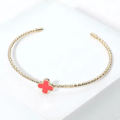 Fashnzfab Enamel Quatrefoil Pointed Cuff Bracelet Gold, Red In Multi