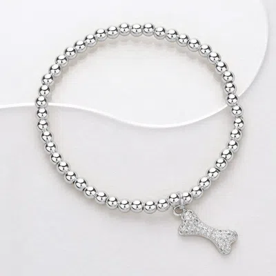 Fashnzfab Stainless Steel Cz Stone Paved Dog Bone Charm Pointed Stretch Bracelet Clear, Silver In Multi