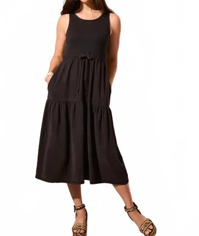 Tribal Mixmedia Sleeveless Boat Neck Tiered Midi Dress In Black