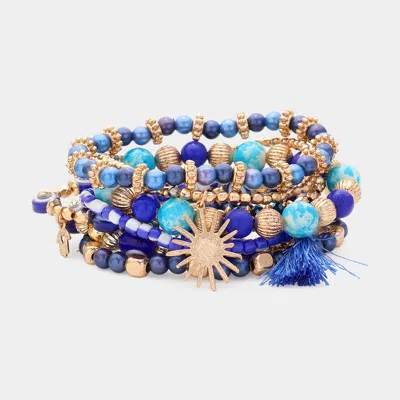 Fashnzfab 8pcs - Tassel Lock Sun Hamsa Hand Charm Evil Eye Beaded Stretch Multi Layered Bracelets In Blue
