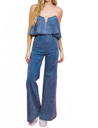 Flying Tomato Acid Washed Denim Jumpsuit In Medium Indigo In Blue