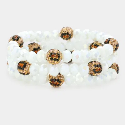 Fashnzfab 3pcs - Leopard Pattern Shamballa Ball Faceted Bead Stretch Bracelets In Multi