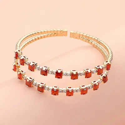 Fashnzfab Square Cz Stone Cluster Accented Split Adjustable Evening Bracelet Gold, Siam In Multi